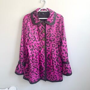 SELE FUCHIA HOT PINK BLACK LEOPARD JACKET COAT BELL SLEEVES FAUX LEATHER TRIM
